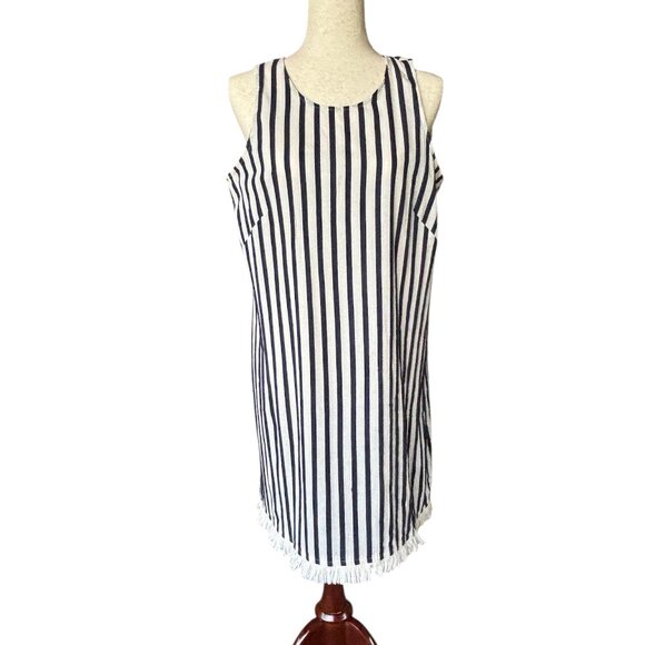 Sam & Jess Navy/White Striped Cotton Shift Dress Fringe Hem Nautical Resort Sz L - Picture 1 of 9